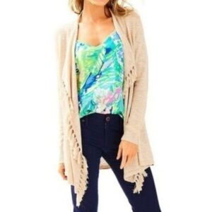 Lilly Pulitzer Lucita Cardigan Lightweight Tassel Front Sweater Camel Size XS